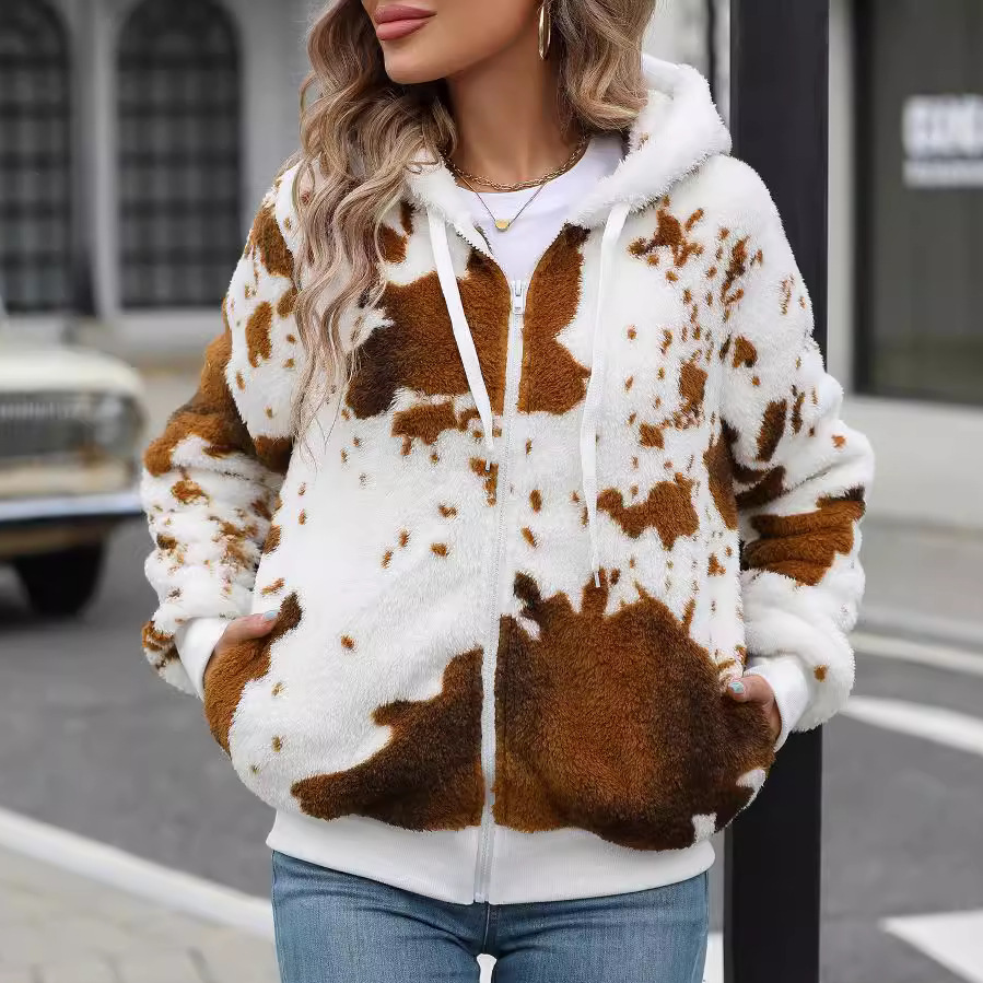 Flash Velvet 2024 Autumn/Winter New European and American Women's Clothing Cross-border Amazon Hooded Zipper Plush Printed Cardigan Coat