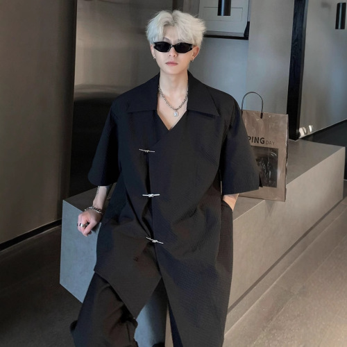 Modern Chinese-style national wind short-sleeve shirt for men, summer thin version, cool handsome texture pattern, shoulder pad, loose turnover collar, half-sleeve shirt