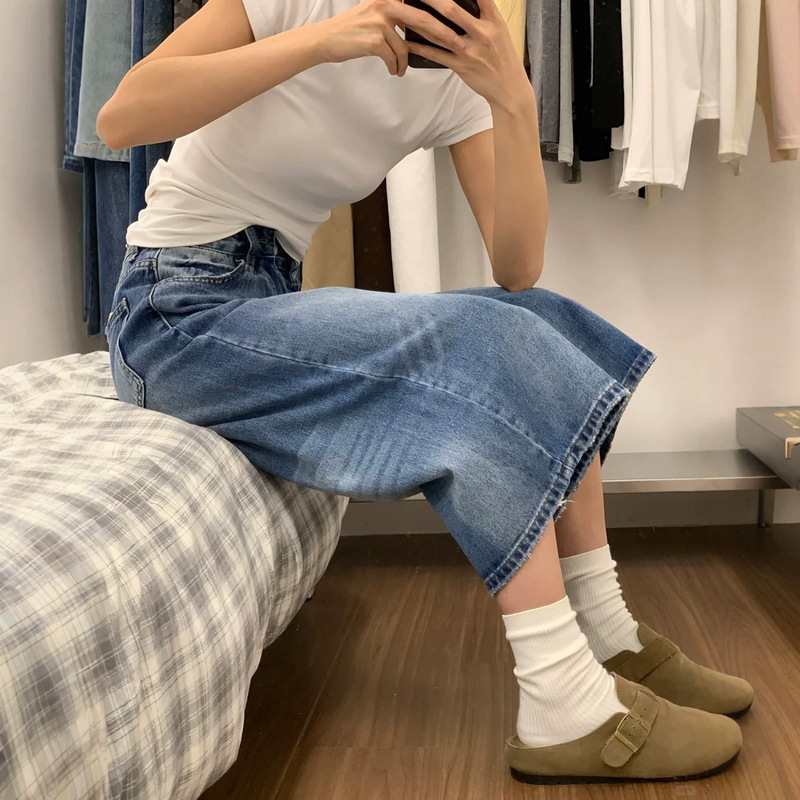 American Retro Style Creased Cropped Jeans for Women, 150cm Petite, High-Waisted, Slimming Straight-Leg Pants, Wide-Leg Mid-Length Pants
