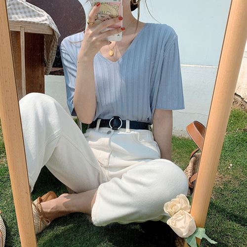 V-neck women's top  summer thin vertical stripe elegant simple pure color loose slimming knitted ice silk short-sleeved T-shirt