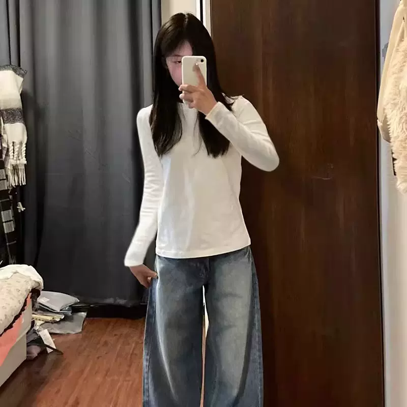 设计感小众正肩纯棉长袖T恤女春秋内搭短款打底衫修身百搭上衣服