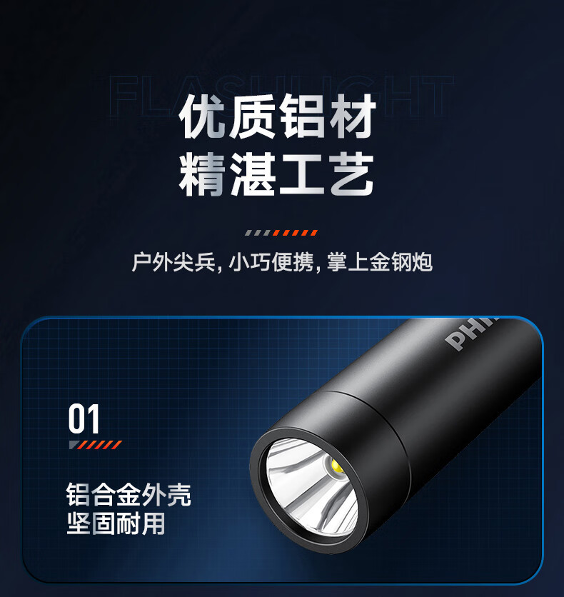 Philips Metal Flashlight Strong Light Long-range Long-life Charging Portable Home Outdoor Emergency SFL2202