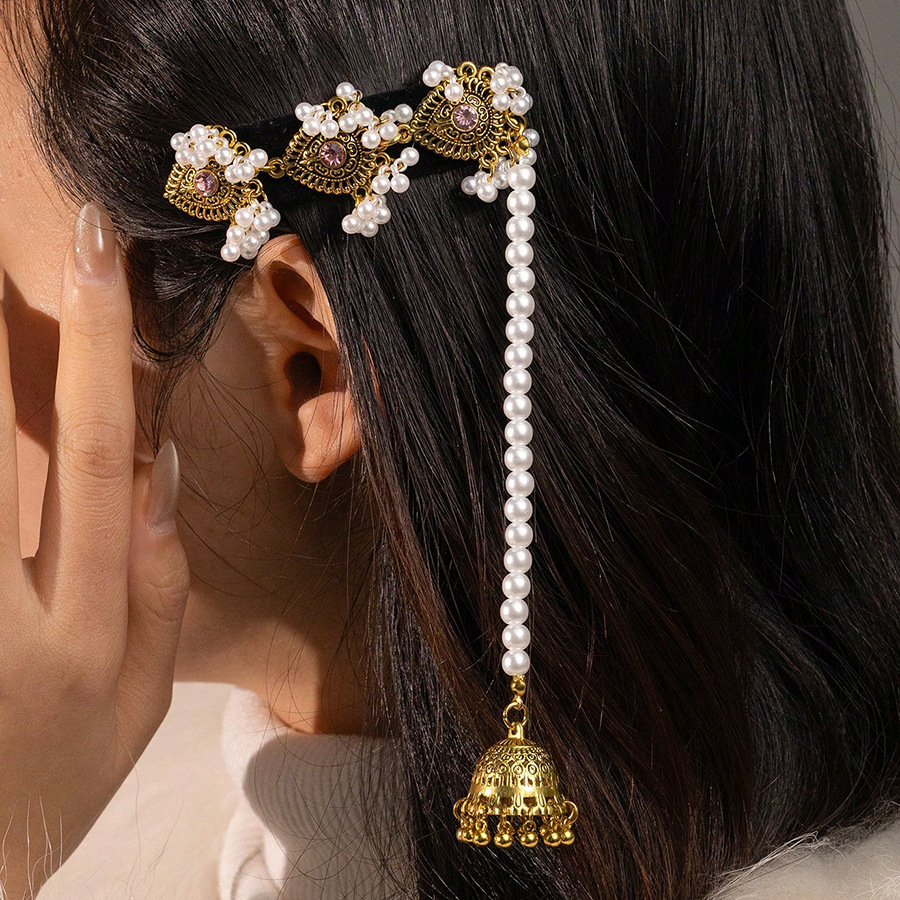 Middle East Fashion Women's Hairpin Gold Plated Pearl Hair Accessories Wedding Festival Women's Headwear Pearl Pendant Side Clip