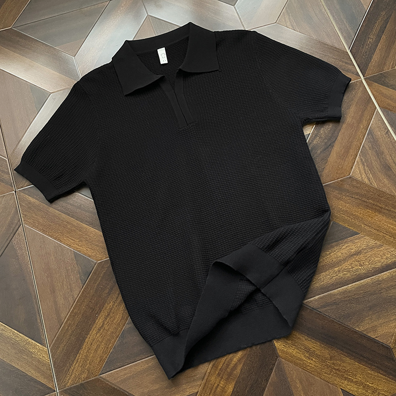 Polo camiseta de punto camiseta de manga corta camiseta hombre cuello en V cuello gaviota sensación de textura viejo dinero viento hielo seda fábrica transfronteriza al por mayor