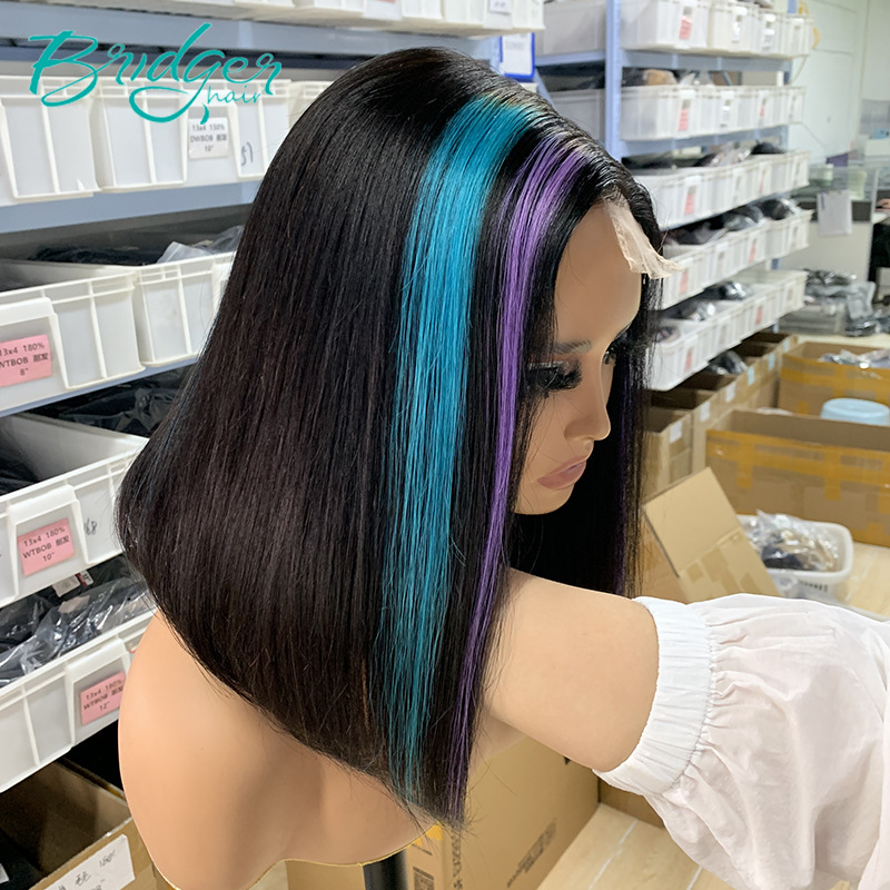 Parrucca con chiusura BOB blu e viola 2*6kim parrucca con capelli veri parrucca con capelli umani_voghion.com