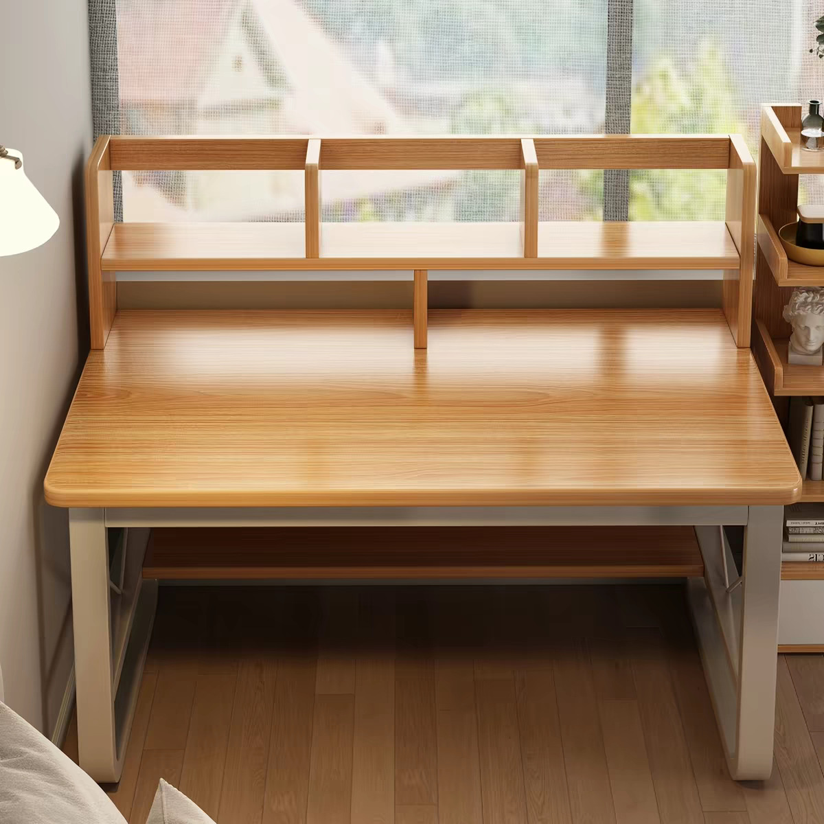 Middle school student desk with bookshelf, integrated home computer desk with storage shelves, rectangular writing desk for students