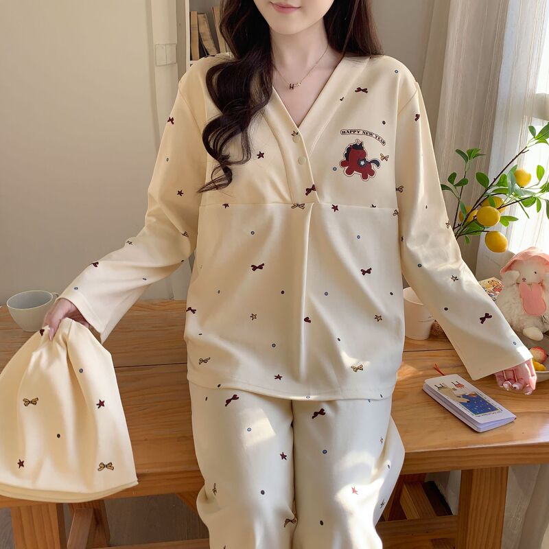 Maternity Pajamas with Breast Pads, New Spring and Autumn Style, Plus-Size Postpartum Sleepwear for Pregnant Women, Summer Nursing and Breastfeeding Loungewear Maternity Pajamas with Breast Pads, New Spring and Autumn Style, Plus-Size Postpartum Sleepwear for Pregnant Women, Summer Nursing and Breastfeeding Loungewear
