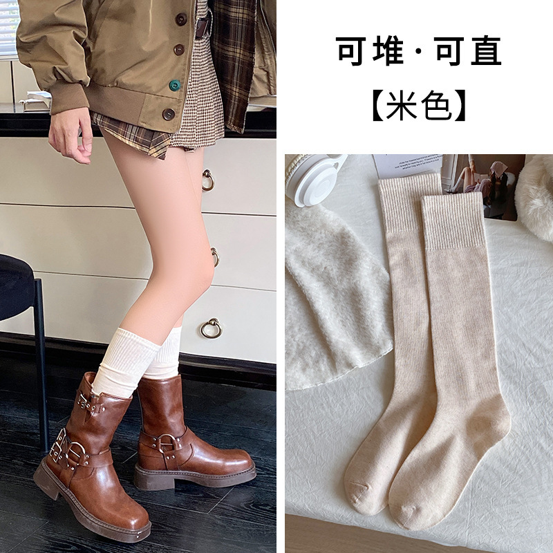 灰色堆堆袜子女春秋季款棉袜ins潮竖纹显瘦日系咖色秋冬长中筒袜|undefined