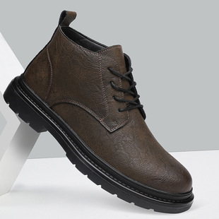 Men's high-top shoes Spring and Autumn new men's British style trendy leather boots men's mid-top ankle boots fleece-lined two cotton Martin boots