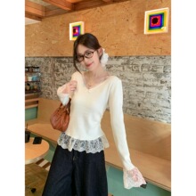 美式2025秋季韩版蝴蝶结蕾丝拼接V领针织衫安迪绒长袖内搭上衣女