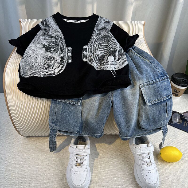 男の子ストリートスーツ夏服子供服新しいハンサム子供夏半袖ベビーおしゃれ韓国風ツーピースセット|undefined