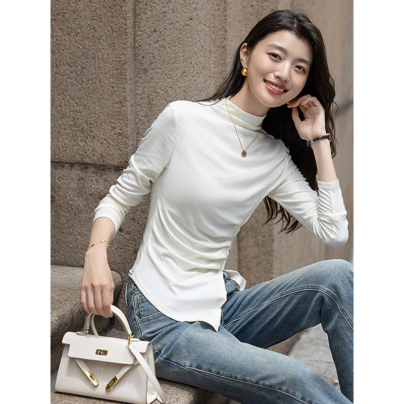 文艺复古半高领T恤女25秋季新款设计感不对称抽褶修身上衣|undefined