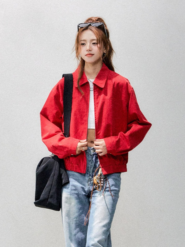 美式复古红色外套女小个子短款美式慵懒chic工装翻领夹克休闲百搭|undefined
