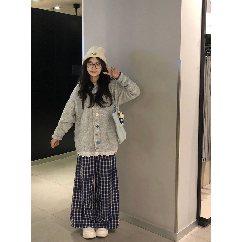 早秋2025新款春秋灰色连帽针织开衫毛衣外套女秋季宽松韩系慵懒风|undefined