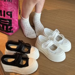 趙露思同項キャンバス靴メアリー珍靴女性2025新型女性靴春秋シングル靴醜い萌え厚い底の白い靴