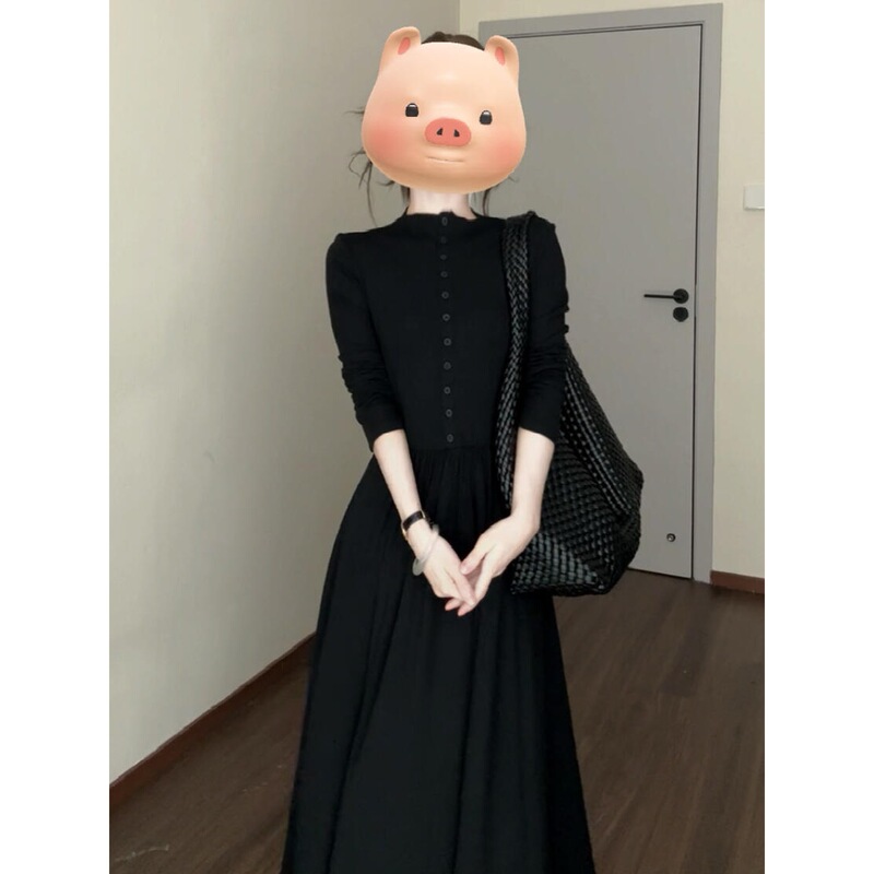 法式早秋穿搭黑色连衣裙子女2025年新款小个子感休闲气质修身长裙|undefined