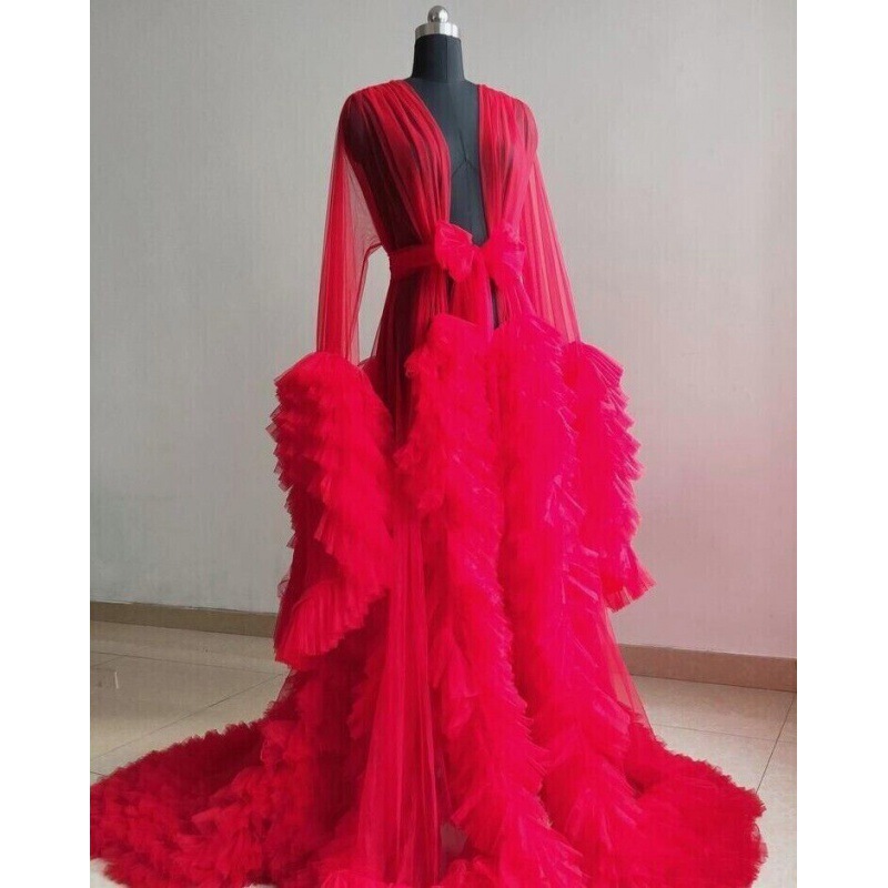 Stage Performance Costume European and American Style Mesh Cake Cape Burgundy Bridal Wedding Gown Cape Sexy Slimming Deep-Necked Dress