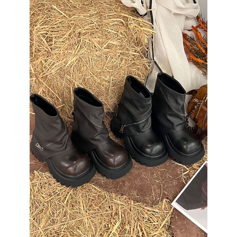 棕色美拉德厚底马丁靴女款2025新款秋季单靴短靴增高堆堆裤管靴子|undefined
