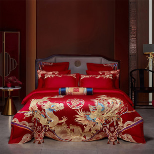 Pure Cotton Long-Staple Cotton Wedding Dragon and Phoenix Embroider Red Wedding Four-Piece Set of Six-Piece Quilt Set Pure Cotton Embroidered Ten-Piece Set