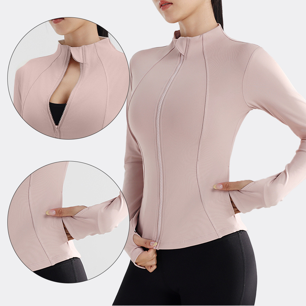 Nuevo cross-border damas chaqueta deportiva fitness delgada espalda cremallera manga larga running top yoga