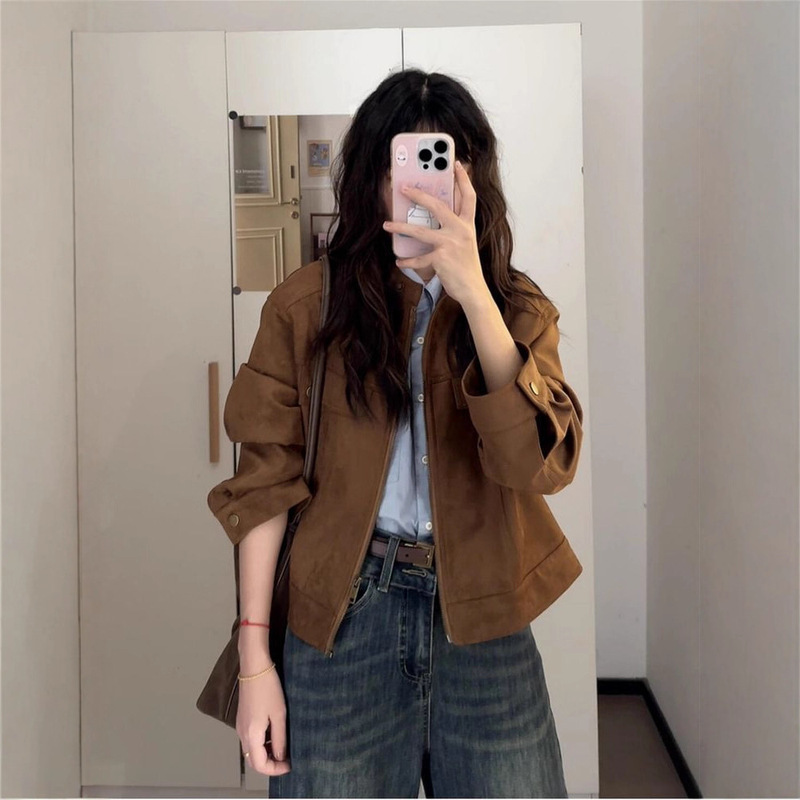 Petite Maillard Vintage Brown Jacket for Women Spring and Autumn 2026 New Popular Korean Short Top