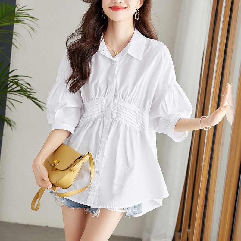 Factory Direct Sales Tuck Pleated White Shirt Women's Summer Three-Quarter Sleeve Design Niche Chic Top A-Line Pure Cotton Shirt
