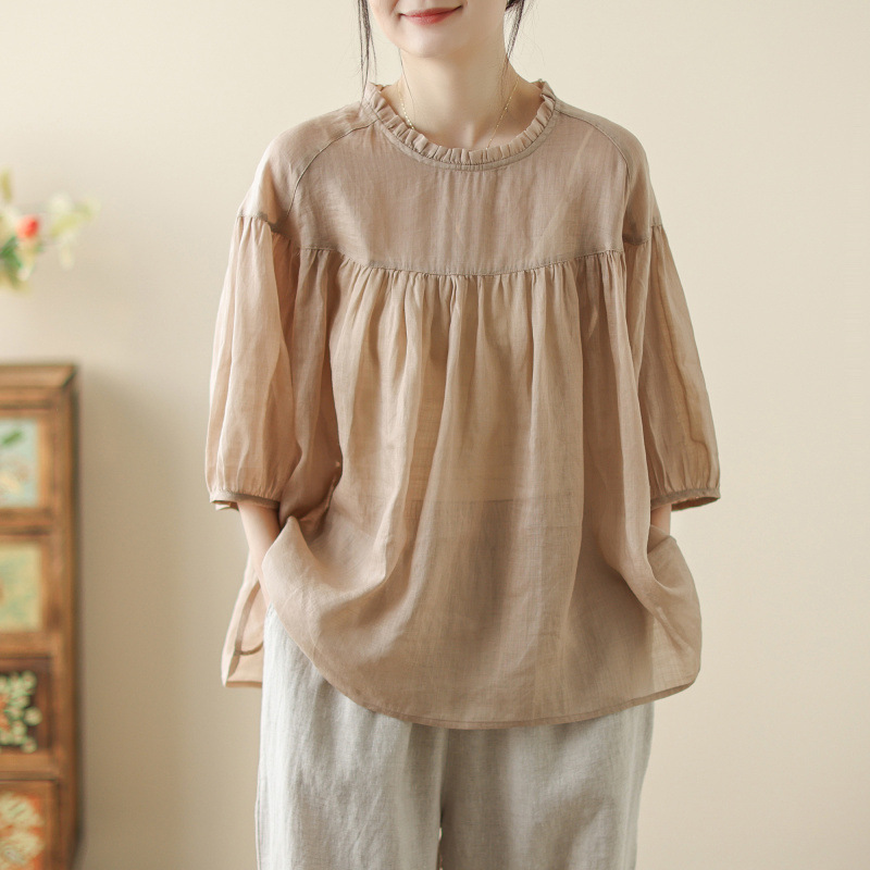 Ancient and Color Artistic Vintage Stitching Llace Collar Loose plus size Shirt Bat Short-sleeved Ramie Shirt Women's Top for Summer
