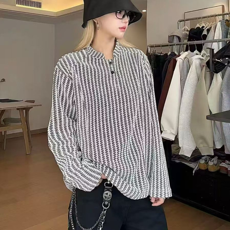 Fishbone Pattern American Henry Collar Sweatshirt Men's Autum Heavy Houndstooth Long-Sleeved T-Shirt Polo Inner Layering Shirt