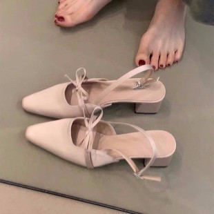 Small Square Toe Elegant Satin Bow Toe Sandals for Women with Pointed Toe Thick Heels and High Heels with Hollow Back Shoes for Women