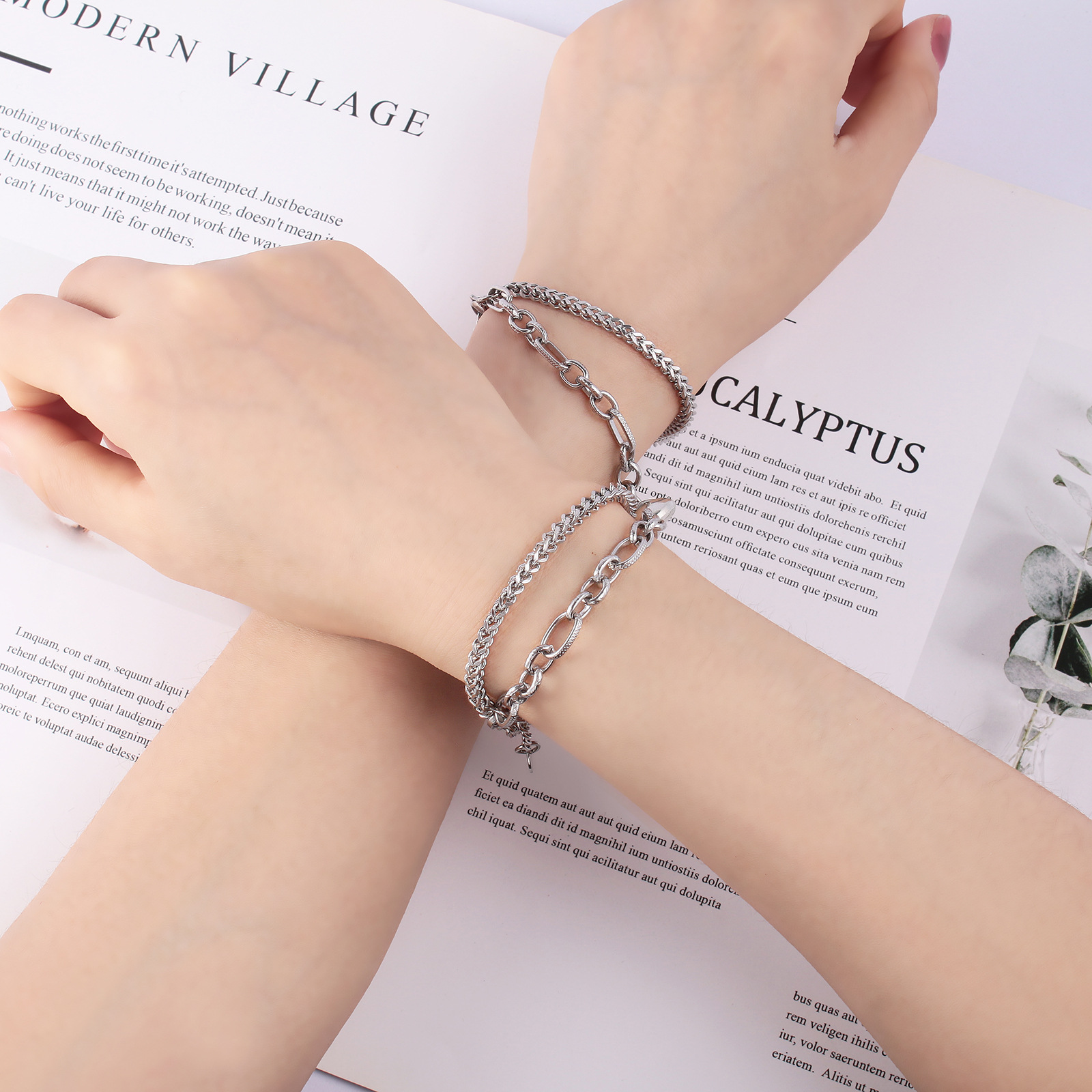 INS Style Heart Shape Stainless Steel Bracelets 2 Pieces