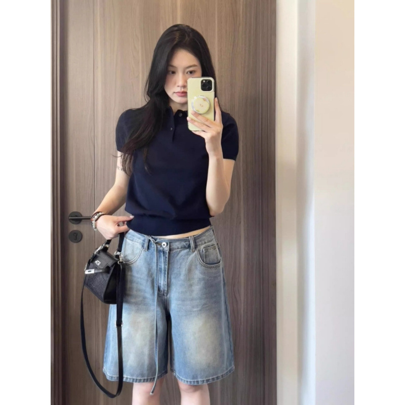 Navy Blue Ice Silk Knitted Short-Sleeved T-Shirt for Women in Summer Korean Style Loose Elegant Polo Lapel Short Top