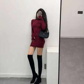 欧美风高领连衣裙修身性感紧身显长袖辣妹裙包臀连衣裙秋冬季