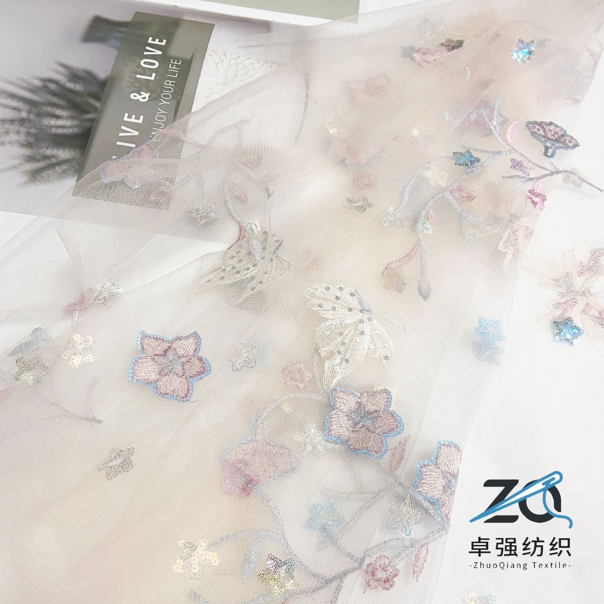 美国网刺绣布料 厂家珠片绣花多色树枝蝴蝶 春夏女纱裙网纱面料