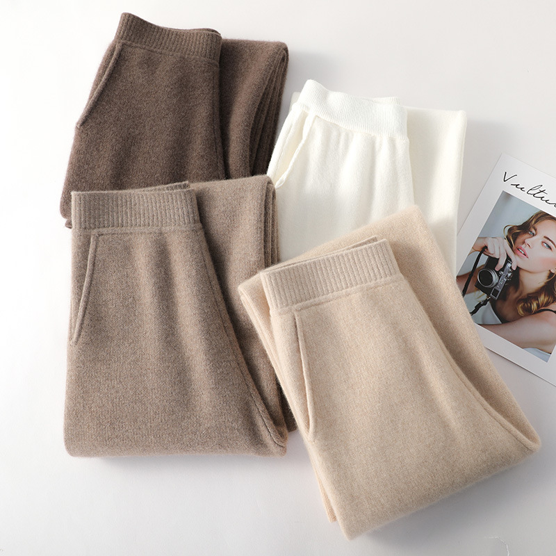 Ordos Autumn and Winter Wool Knitted Loose Straight Pants Women's Cashmere Wide Leg Pants with Pocket