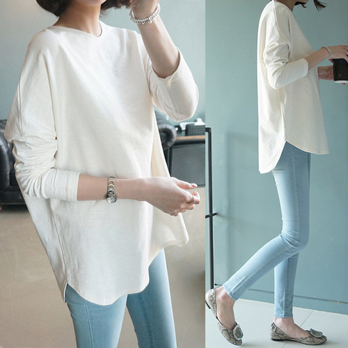  Autumn New Korean Style Hip-Hugging Slit Solid Color Medium-Sleeve Long-Tee Loose T-Shirt BF Trend Top