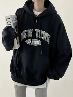 Korean Chic Autumn and Winter Fashion Versatile Letter Print Fleece Thickened Hooded Sweatshirt for Women, Loose and Slimming Top