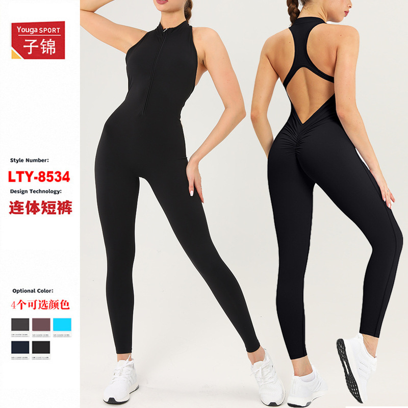 Quick-Drying Zipper Beautiful Back One-Piece Yoga Clothes High-Intensity Fitness Training Sports Bodysuit Butt Lift Jumpsuit 8534