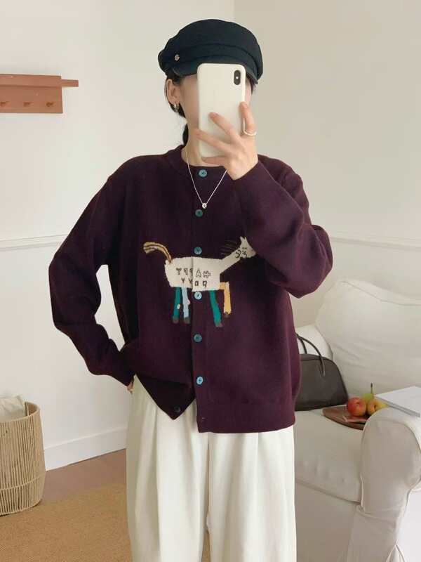 秋季休闲卡通刺绣圆领针织开衫可爱上衣单穿百搭通勤长袖外套ZAU|undefined