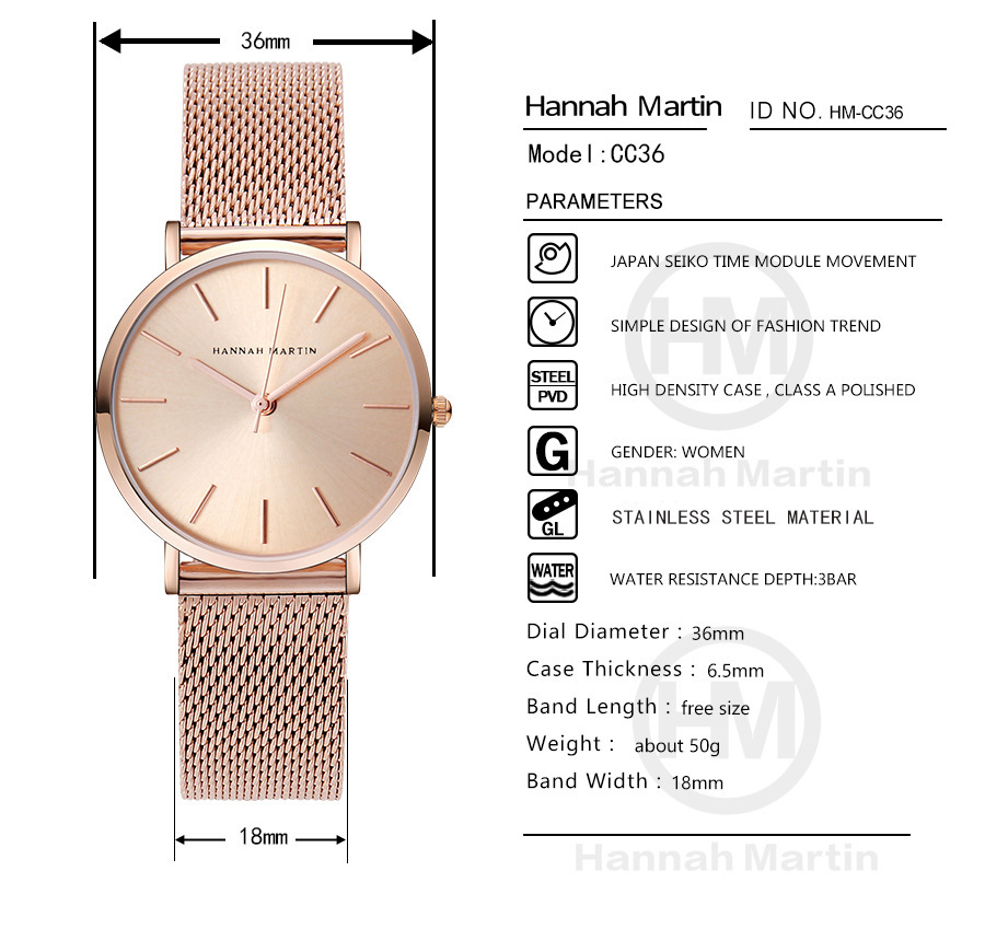 Japanese movement woven mesh belt waterproof quartz 36mm simple large three needle dw women's watch_voghion.com