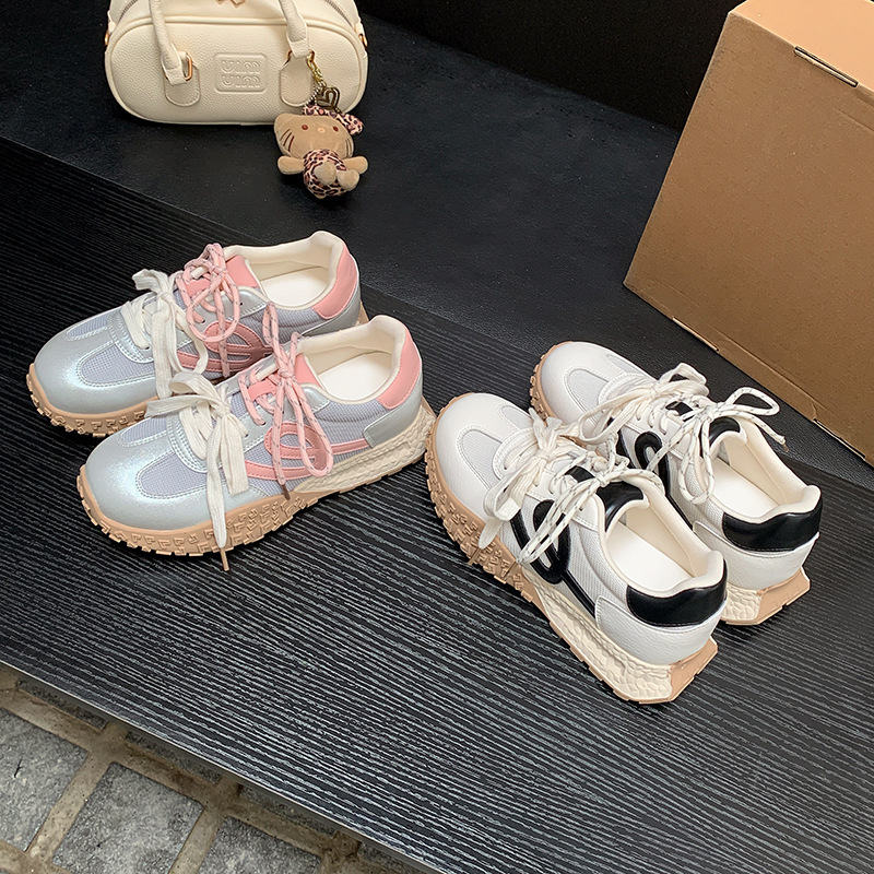 Grape Mom's New 6cm Inner Height Increasing Shoes All-match Contrast Color Lace-up Thick-soled Casual Sports Dexin Shoes Women's Sneakers
