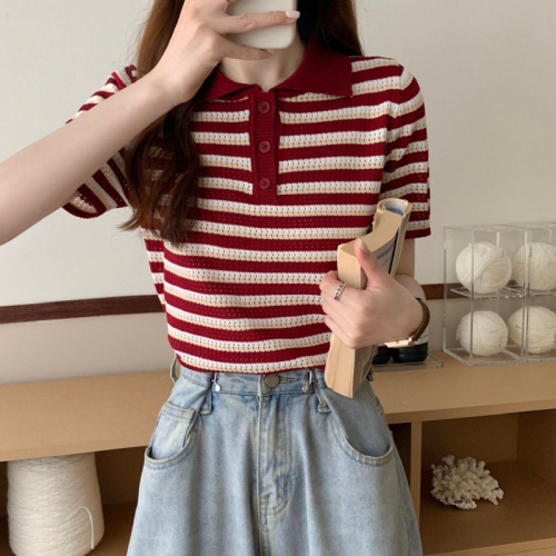 POLO Striped Knit T-Shirt for Women - Stylish Summer, Versatile, Slimming Short-Sleeve Top - High-End