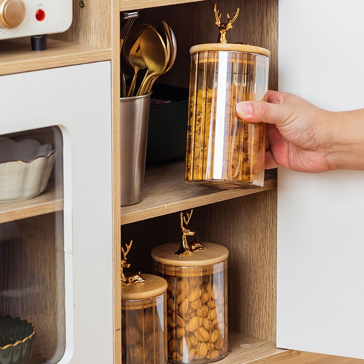 Alce alto borosilicato frasco de vidrio lindo botella de almacenamiento al por mayor latas de caramelo almacenamiento de grado alimenticio latas de sellado transparentes