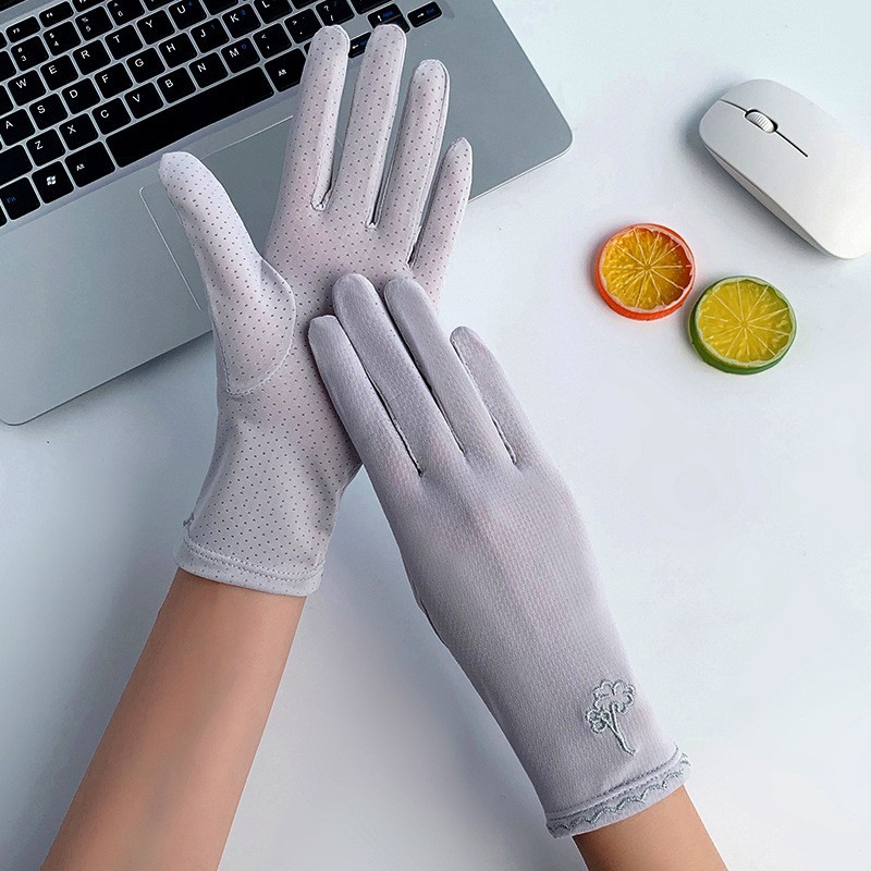 Guantes de protección solar de las mujeres fina protección UV seda de hielo alta elástica verano al aire libre equitación arco guantes de pantalla táctil