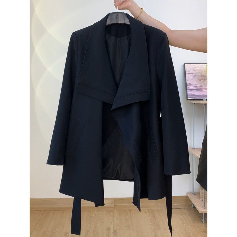 Korean Style High-End Large Lapel Windbreaker Jacket for Women 2025 Spring & Fall New Style Elegant Waist Strap Mid-Length Top