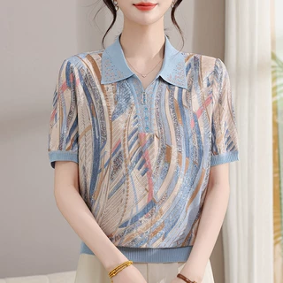 2026年新款妈妈夏装短袖冰丝T恤衫女中老年女夏季薄款气质上衣服