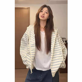 韩系松弛感慵懒条纹连帽卫衣女秋季2025新款oversize拉链开衫外套