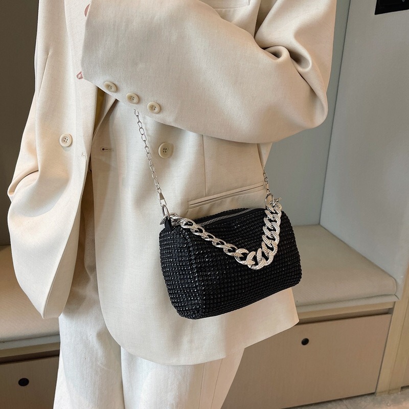 Cross-Border New Style Diamond-Encrusted Chain Small Square Bag for Women, Fashionable and Versatile Handbag, Casual Textured Shoulder Crossbody Bag for Women