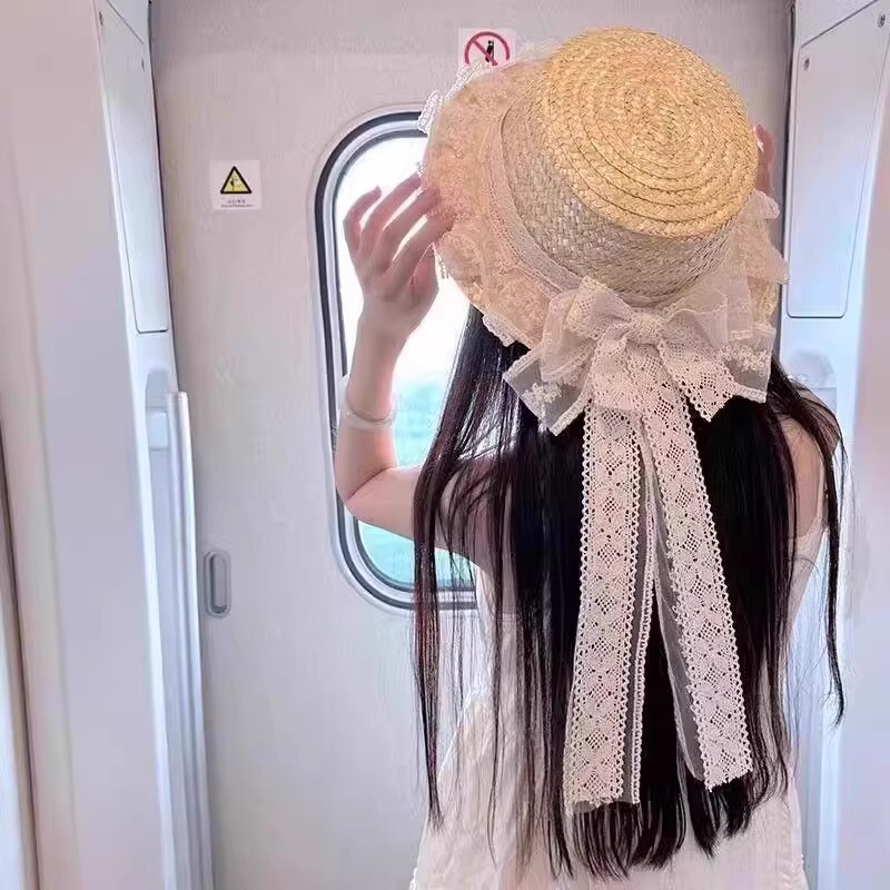 Original Mori Pastoral Lo Niang Soft Sister Straw Hat Handmade Japanese DIY Lace Cotton Bow Ribbon Straw Hat
