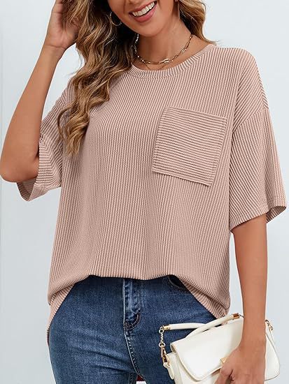 cross-border European And American Women's Summer Short-sleeve Pocket Top, Oversized Round-neck Textured Casual_ecoleips.com