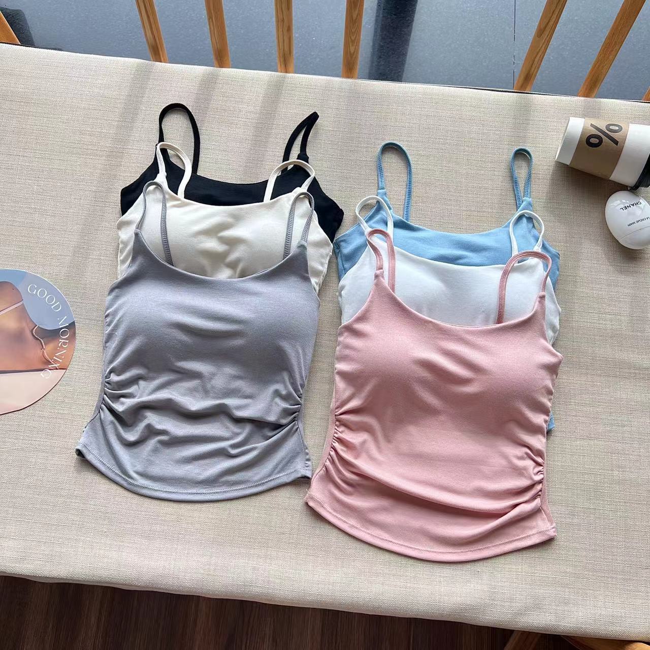 Summer Girls' Camisole Side Pleated Rimless Fixed Cup Comfortable Breathable Spice Girl All-match Outer Wear Tube Top